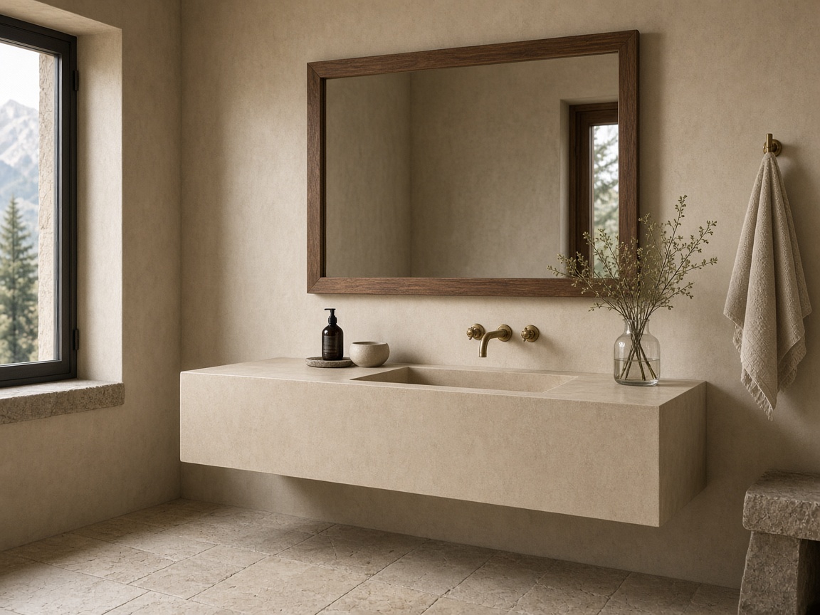 Salle de bains beige avec plan vasque en microciment et miroir encadré de noyer