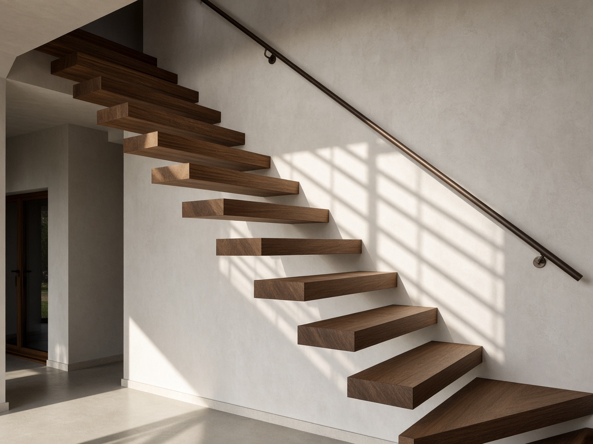 Escalier suspendu à marches de noyer dans une cage d’escalier en plâtre clair
